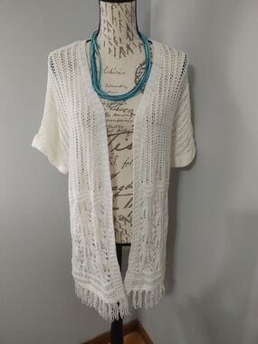 Christopher & Banks Cream Open-Knit Fringe Short Sleeve Cardigan L